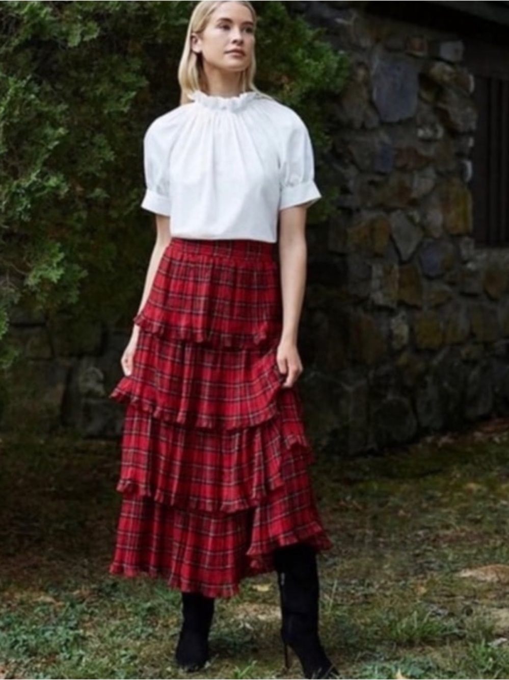 Antonio Melani Katrina Tartan Plaid Layered Ruffled Red Black Holiday Skirt 6 - Picture 4 of 16